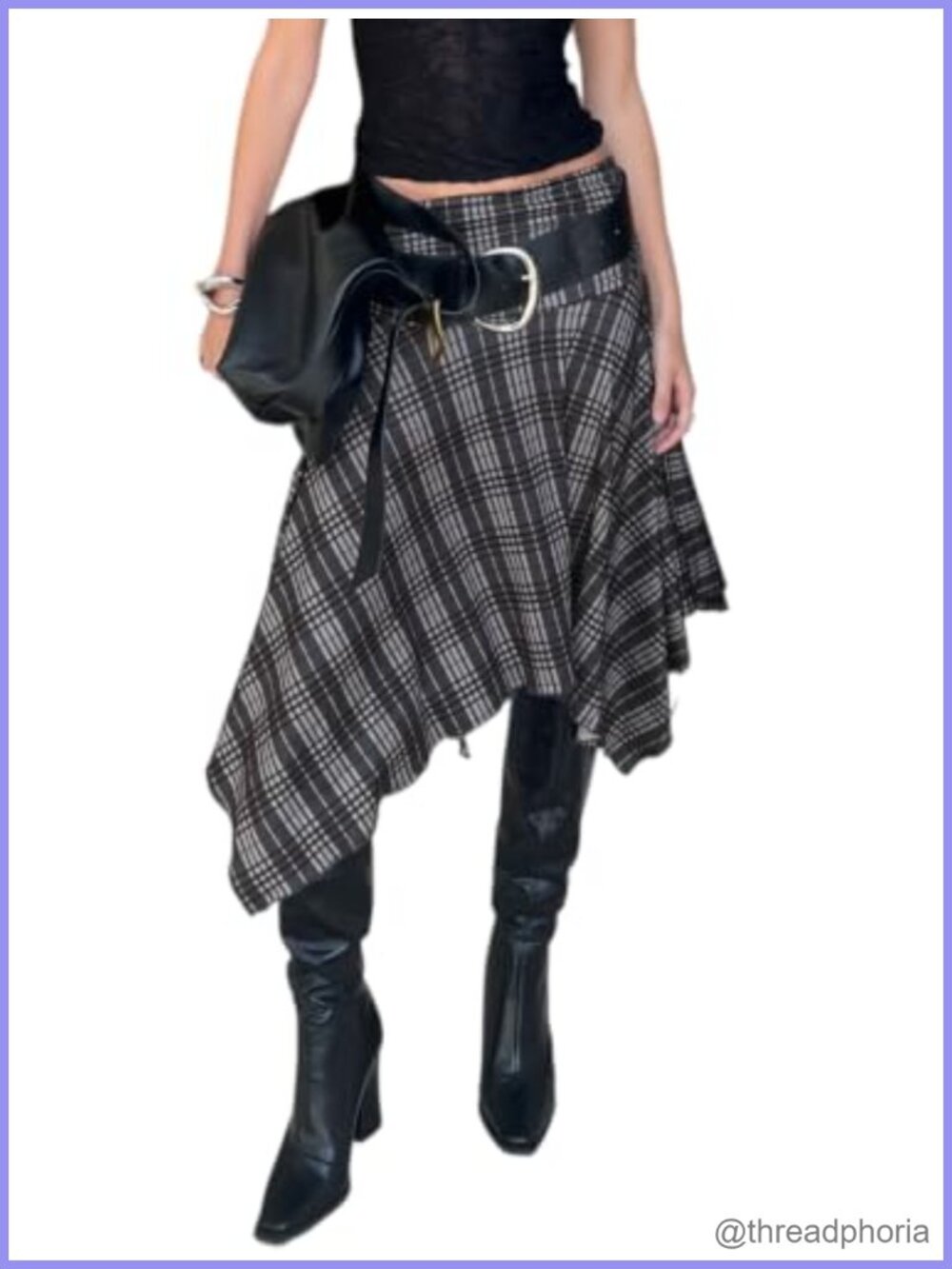 Women Plaid Asymmetrical Midi Skirt Handkerchief Hem High Waist A-Line